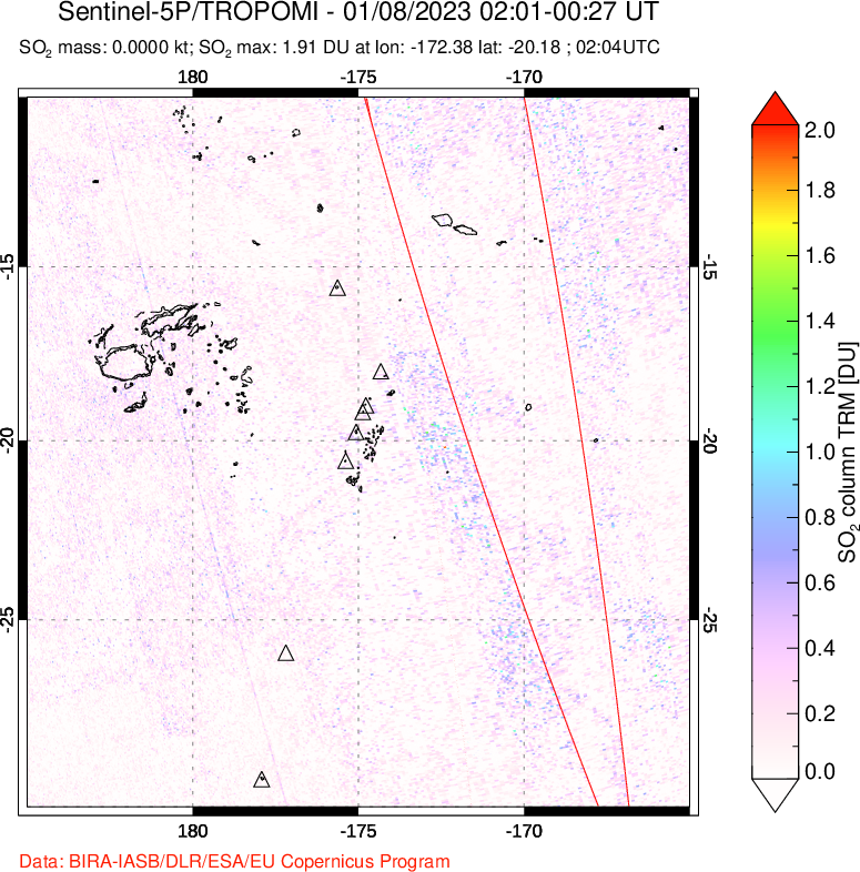 A sulfur dioxide image over Tonga, South Pacific on Jan 08, 2023.