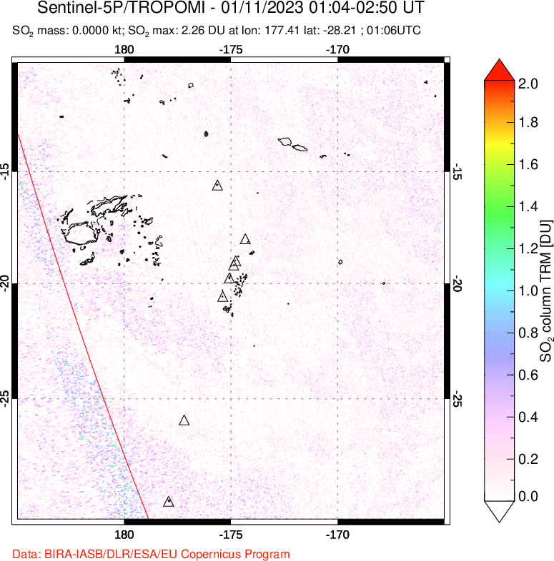 A sulfur dioxide image over Tonga, South Pacific on Jan 11, 2023.