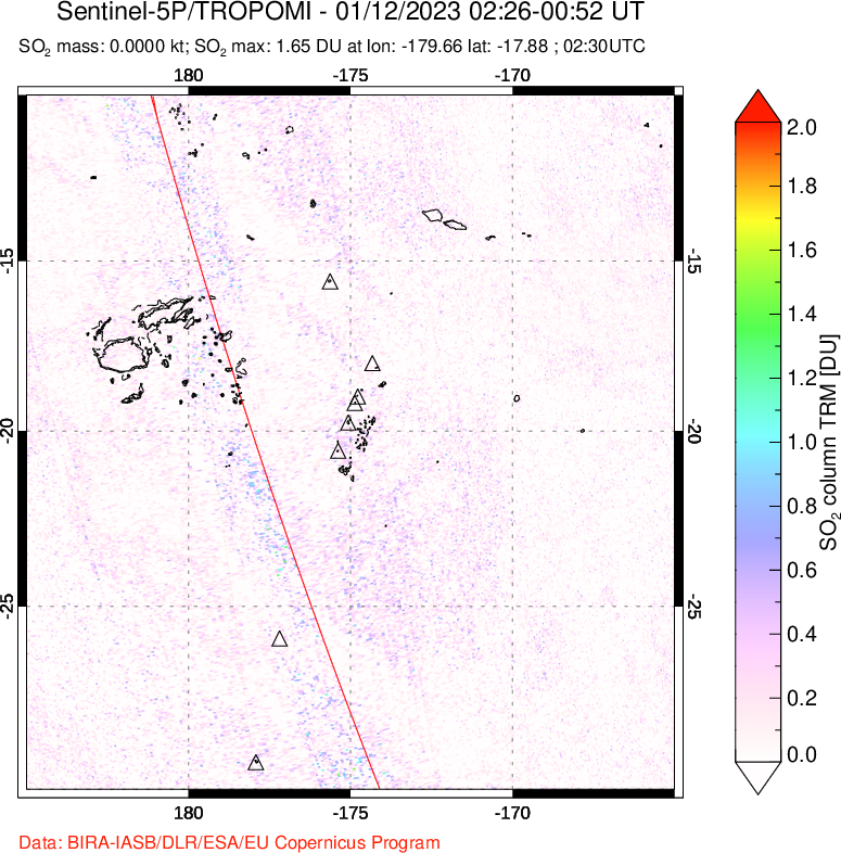 A sulfur dioxide image over Tonga, South Pacific on Jan 12, 2023.
