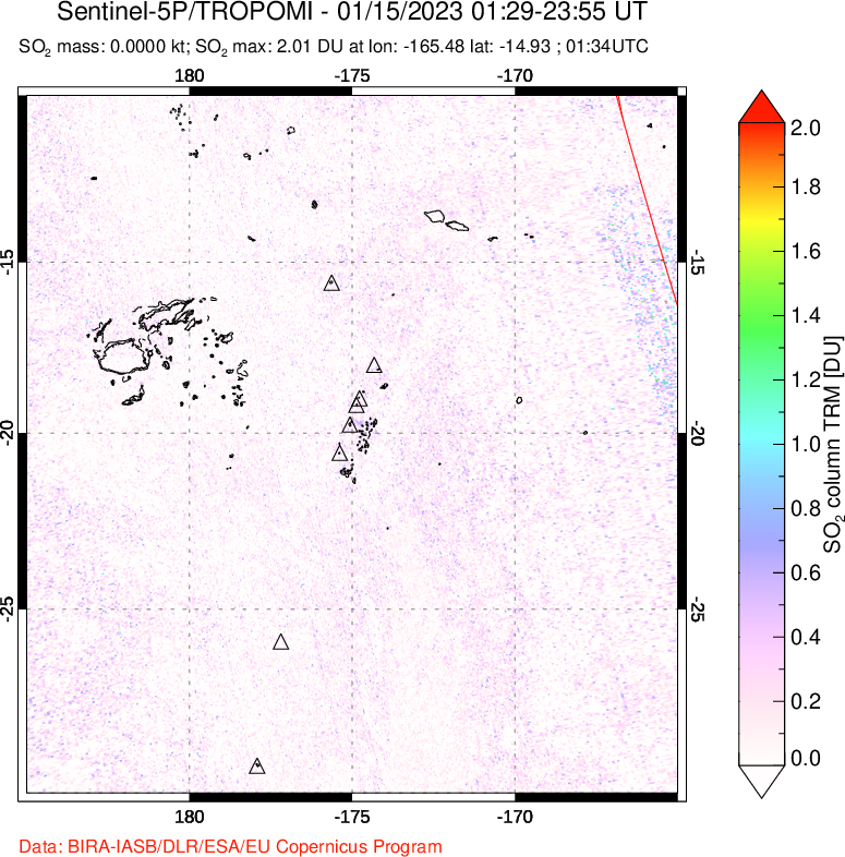 A sulfur dioxide image over Tonga, South Pacific on Jan 15, 2023.