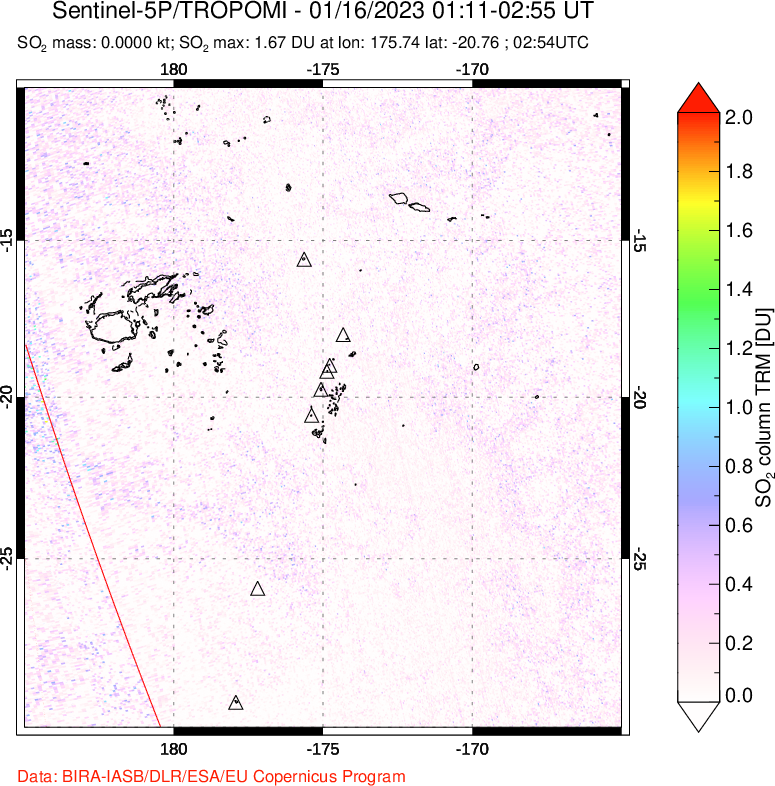 A sulfur dioxide image over Tonga, South Pacific on Jan 16, 2023.