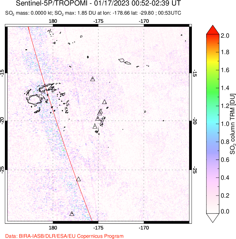 A sulfur dioxide image over Tonga, South Pacific on Jan 17, 2023.