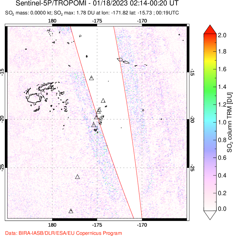 A sulfur dioxide image over Tonga, South Pacific on Jan 18, 2023.