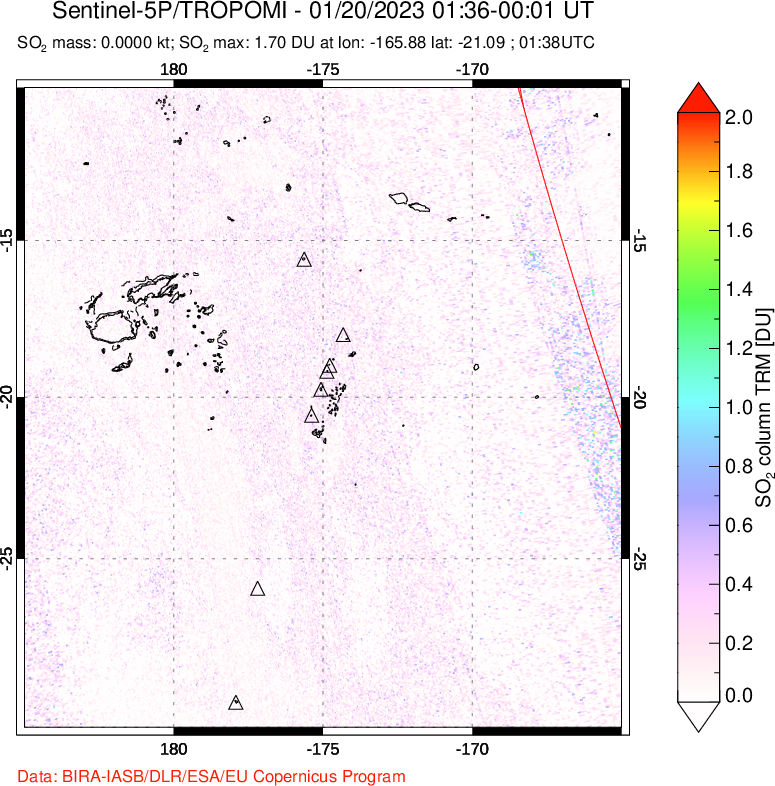 A sulfur dioxide image over Tonga, South Pacific on Jan 20, 2023.