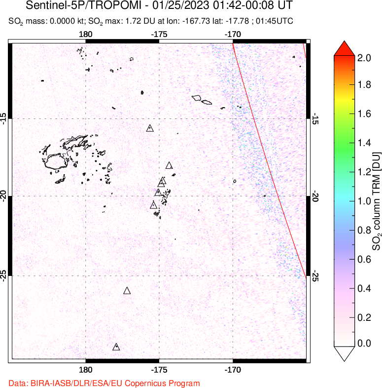 A sulfur dioxide image over Tonga, South Pacific on Jan 25, 2023.