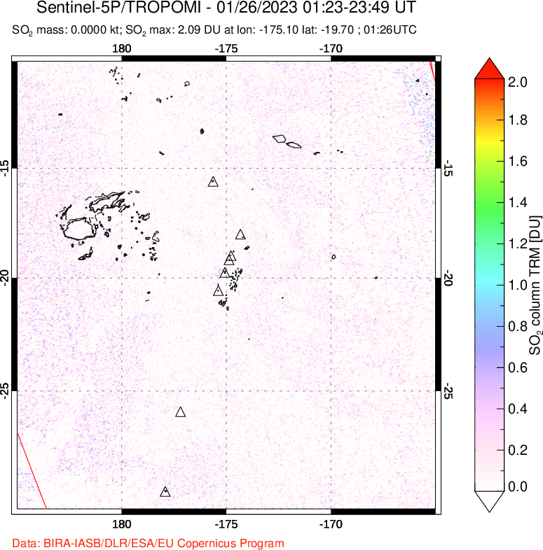 A sulfur dioxide image over Tonga, South Pacific on Jan 26, 2023.