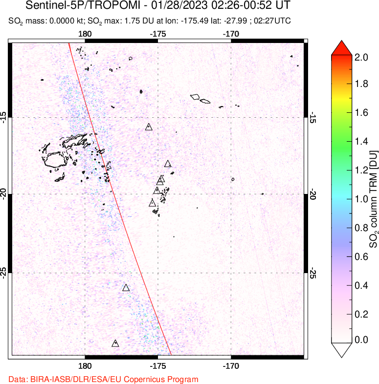 A sulfur dioxide image over Tonga, South Pacific on Jan 28, 2023.