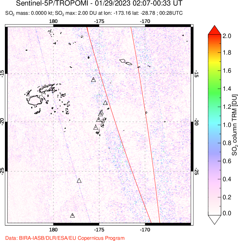 A sulfur dioxide image over Tonga, South Pacific on Jan 29, 2023.