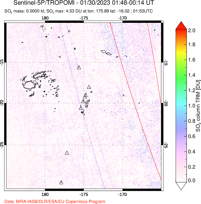 A sulfur dioxide image over Tonga, South Pacific on Jan 30, 2023.