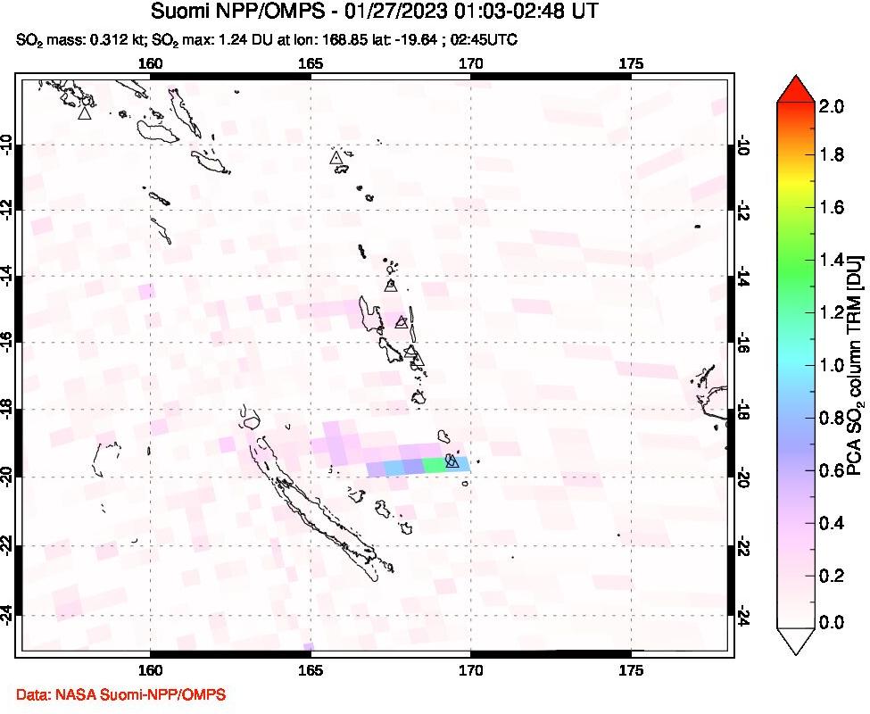 A sulfur dioxide image over Vanuatu, South Pacific on Jan 27, 2023.