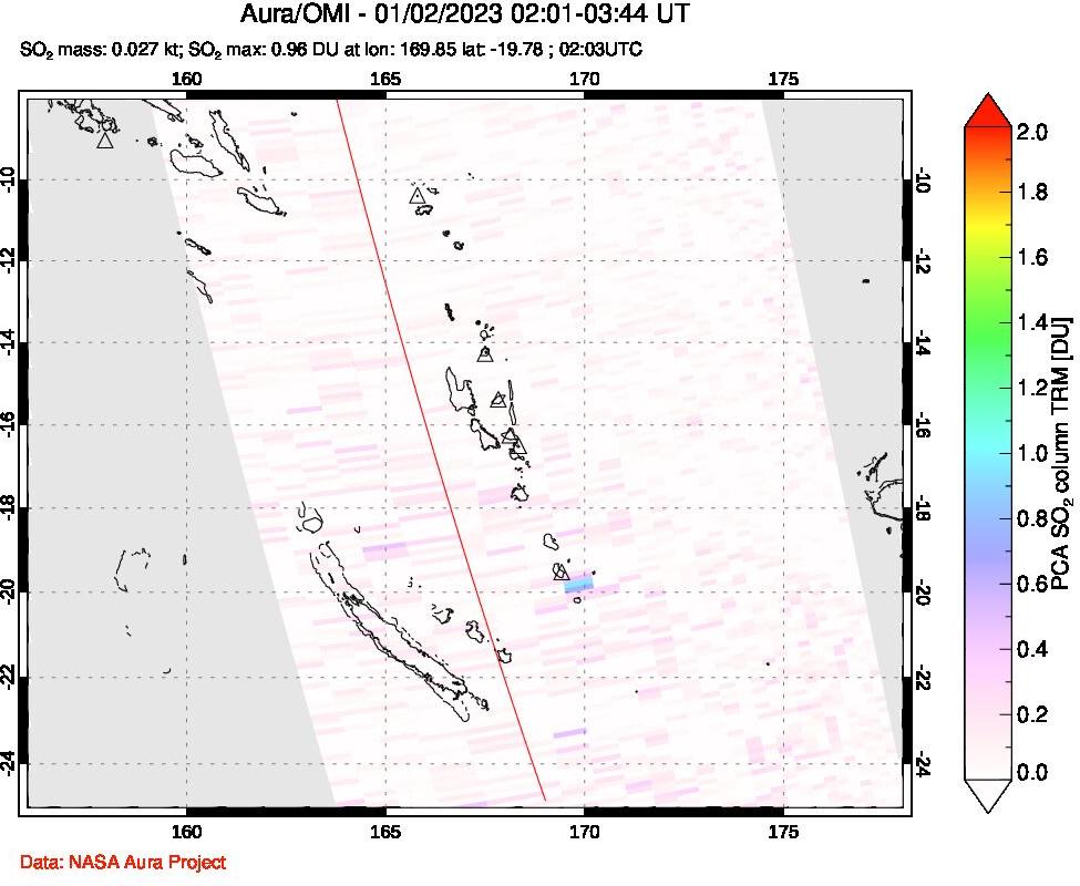 A sulfur dioxide image over Vanuatu, South Pacific on Jan 02, 2023.