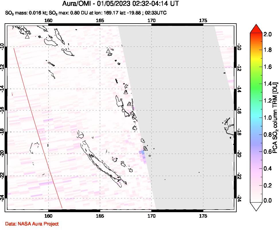A sulfur dioxide image over Vanuatu, South Pacific on Jan 05, 2023.