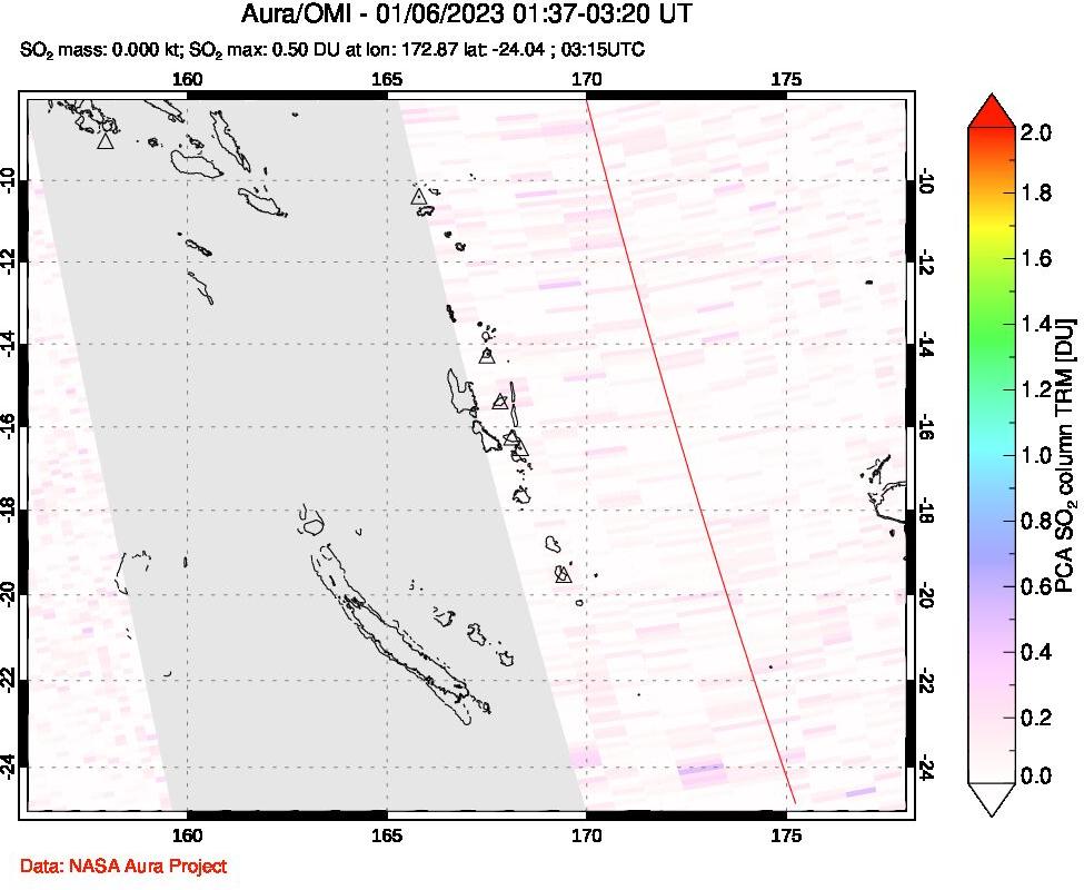 A sulfur dioxide image over Vanuatu, South Pacific on Jan 06, 2023.