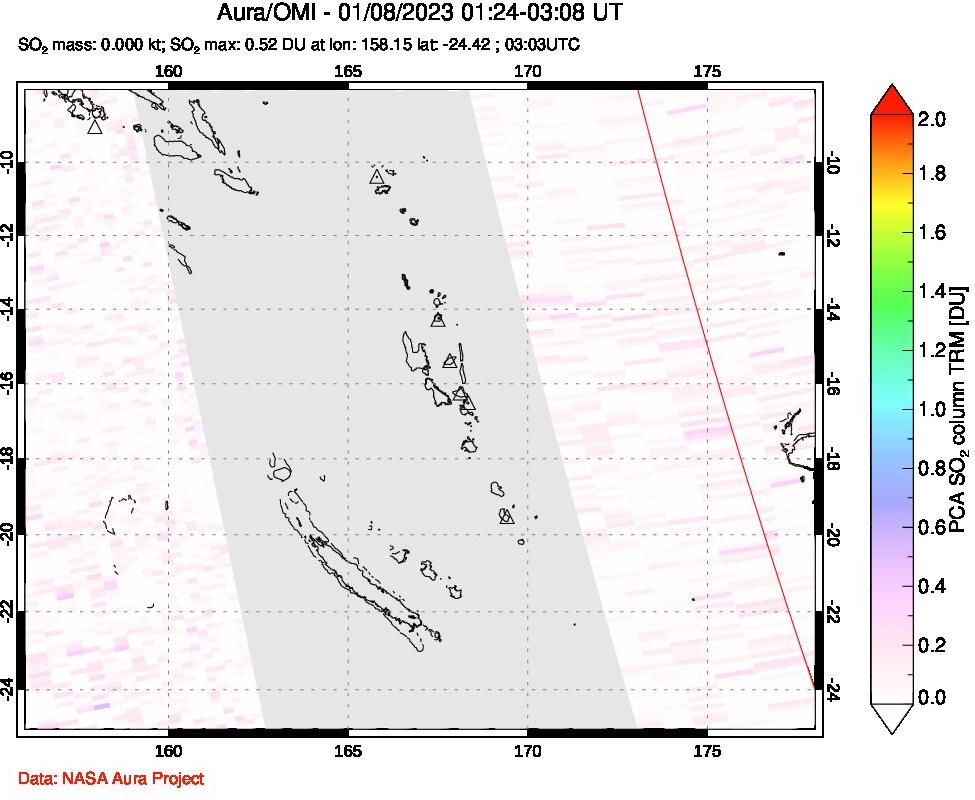 A sulfur dioxide image over Vanuatu, South Pacific on Jan 08, 2023.
