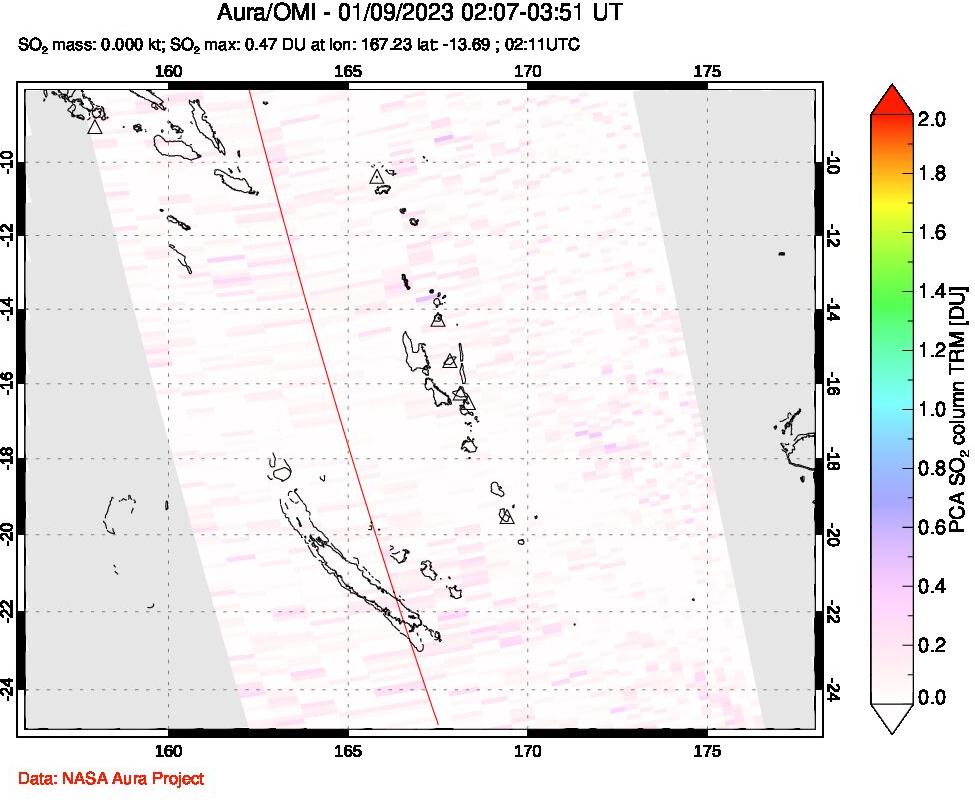 A sulfur dioxide image over Vanuatu, South Pacific on Jan 09, 2023.