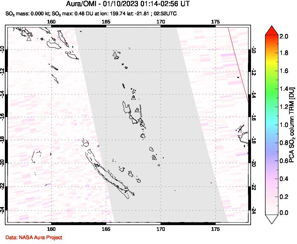 A sulfur dioxide image over Vanuatu, South Pacific on Jan 10, 2023.