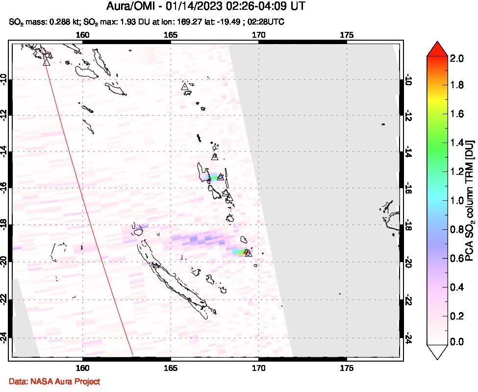 A sulfur dioxide image over Vanuatu, South Pacific on Jan 14, 2023.