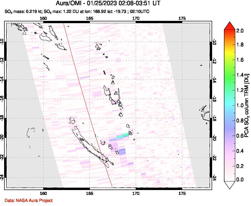 A sulfur dioxide image over Vanuatu, South Pacific on Jan 25, 2023.
