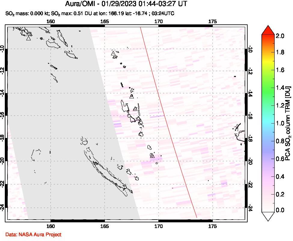 A sulfur dioxide image over Vanuatu, South Pacific on Jan 29, 2023.