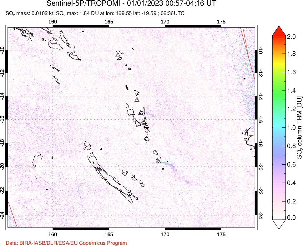 A sulfur dioxide image over Vanuatu, South Pacific on Jan 01, 2023.