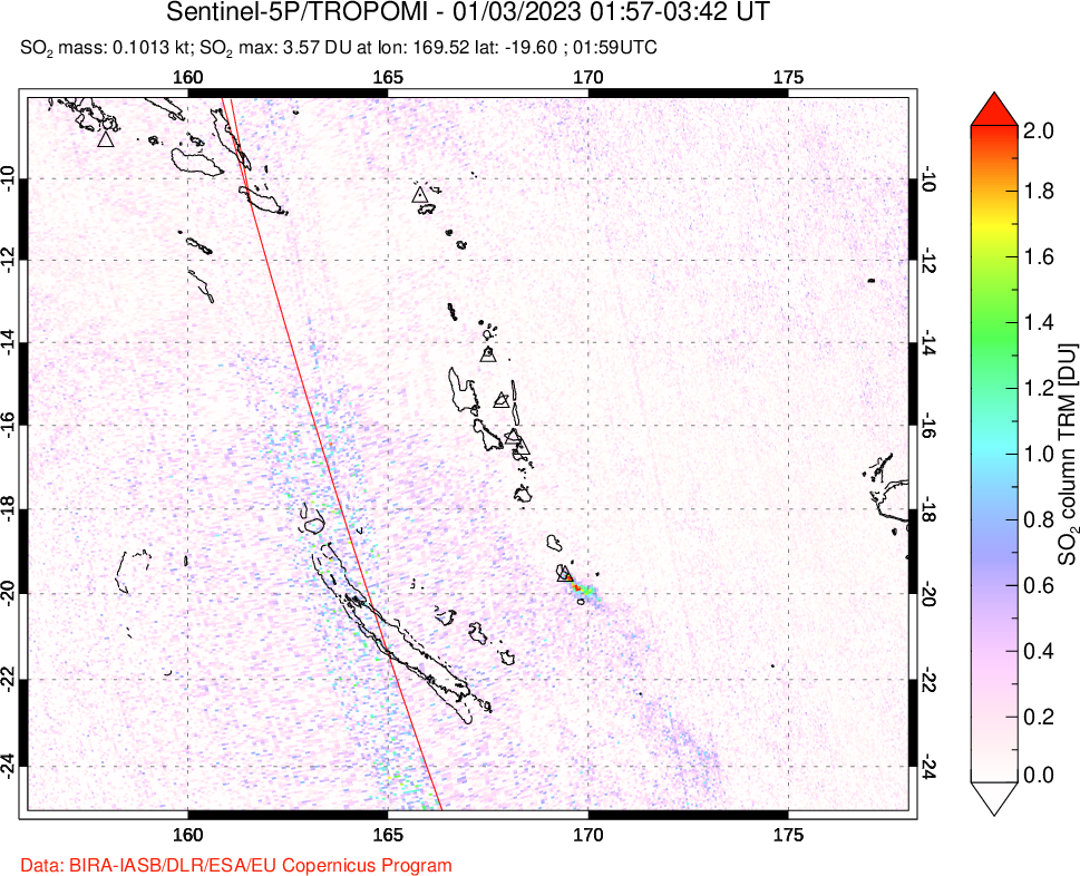 A sulfur dioxide image over Vanuatu, South Pacific on Jan 03, 2023.