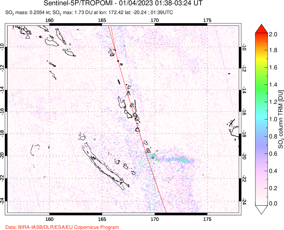 A sulfur dioxide image over Vanuatu, South Pacific on Jan 04, 2023.