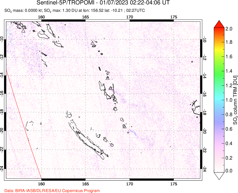 A sulfur dioxide image over Vanuatu, South Pacific on Jan 07, 2023.