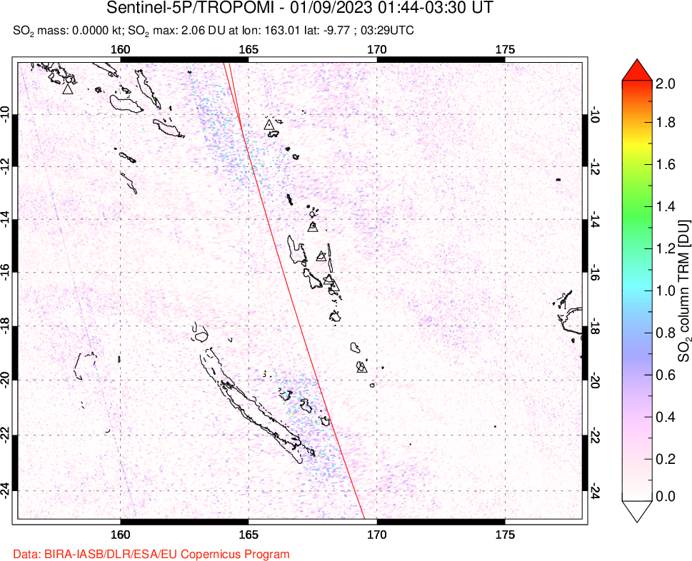 A sulfur dioxide image over Vanuatu, South Pacific on Jan 09, 2023.