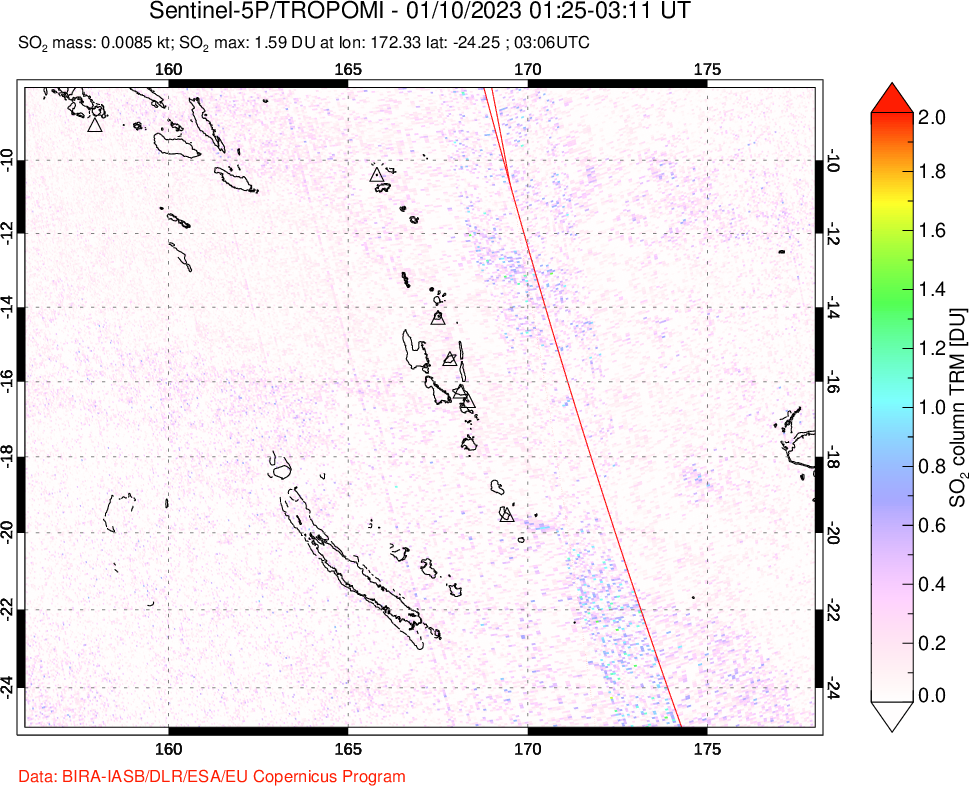 A sulfur dioxide image over Vanuatu, South Pacific on Jan 10, 2023.