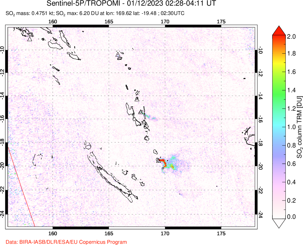 A sulfur dioxide image over Vanuatu, South Pacific on Jan 12, 2023.