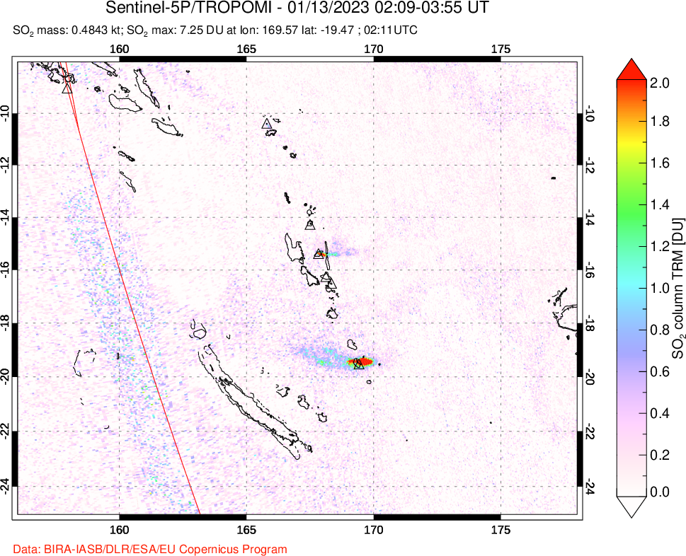 A sulfur dioxide image over Vanuatu, South Pacific on Jan 13, 2023.