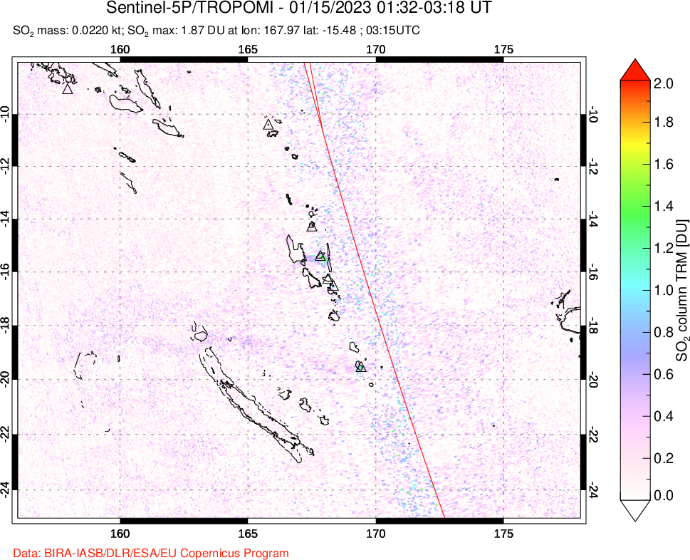 A sulfur dioxide image over Vanuatu, South Pacific on Jan 15, 2023.