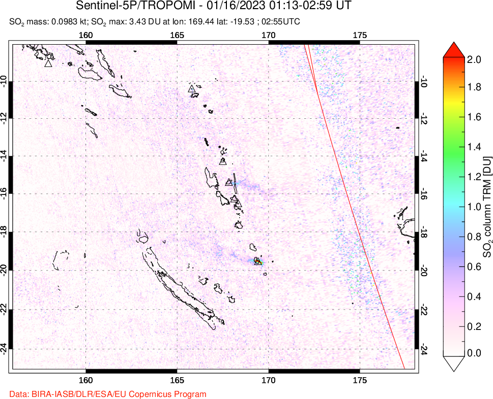 A sulfur dioxide image over Vanuatu, South Pacific on Jan 16, 2023.