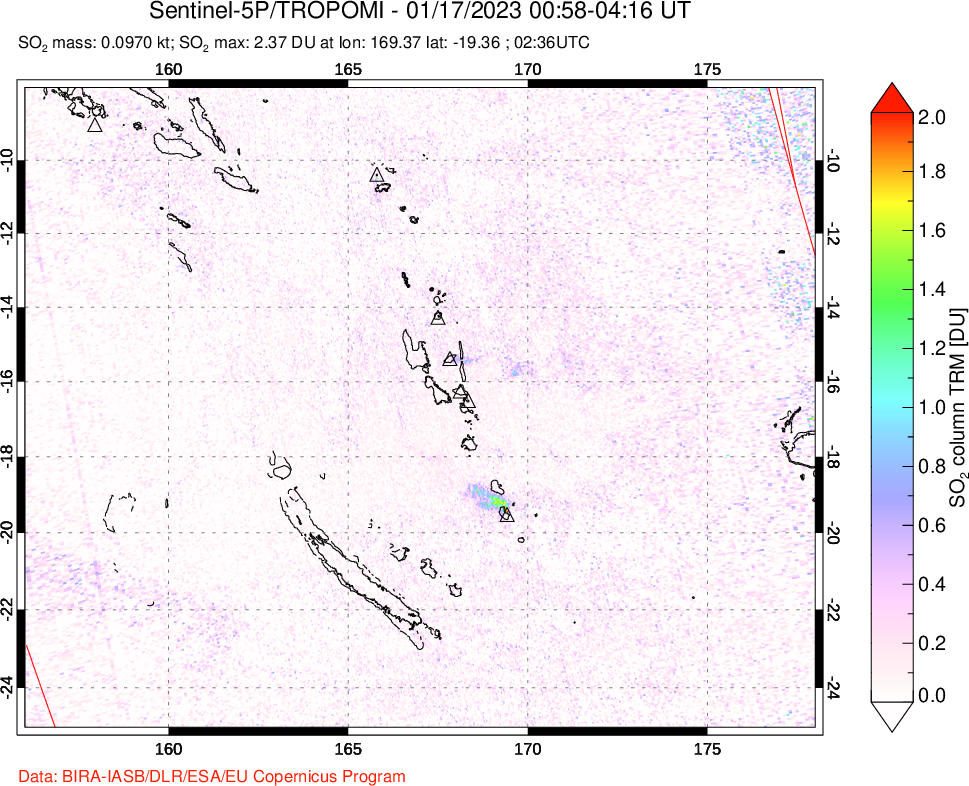 A sulfur dioxide image over Vanuatu, South Pacific on Jan 17, 2023.