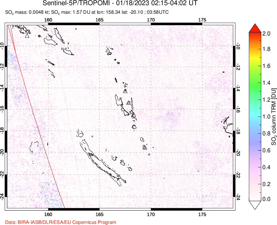 A sulfur dioxide image over Vanuatu, South Pacific on Jan 18, 2023.