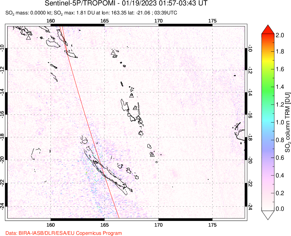 A sulfur dioxide image over Vanuatu, South Pacific on Jan 19, 2023.