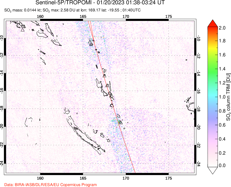 A sulfur dioxide image over Vanuatu, South Pacific on Jan 20, 2023.