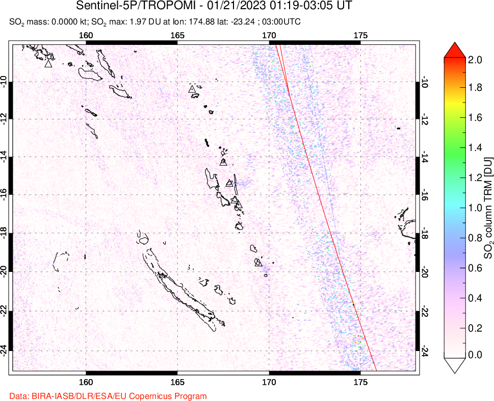 A sulfur dioxide image over Vanuatu, South Pacific on Jan 21, 2023.