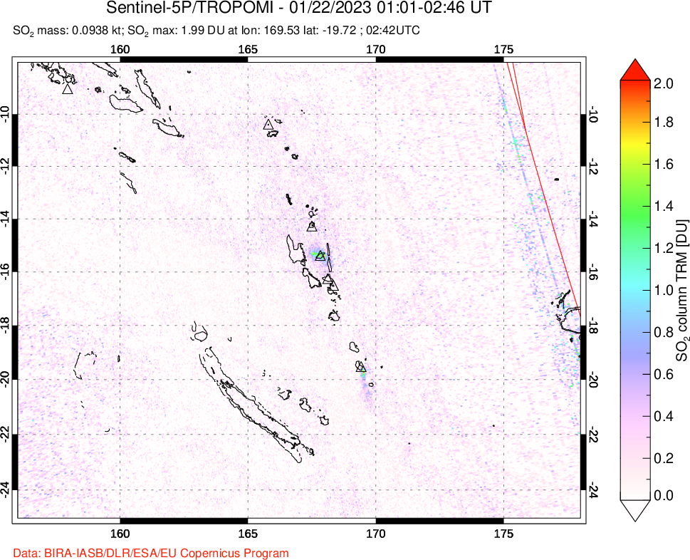 A sulfur dioxide image over Vanuatu, South Pacific on Jan 22, 2023.