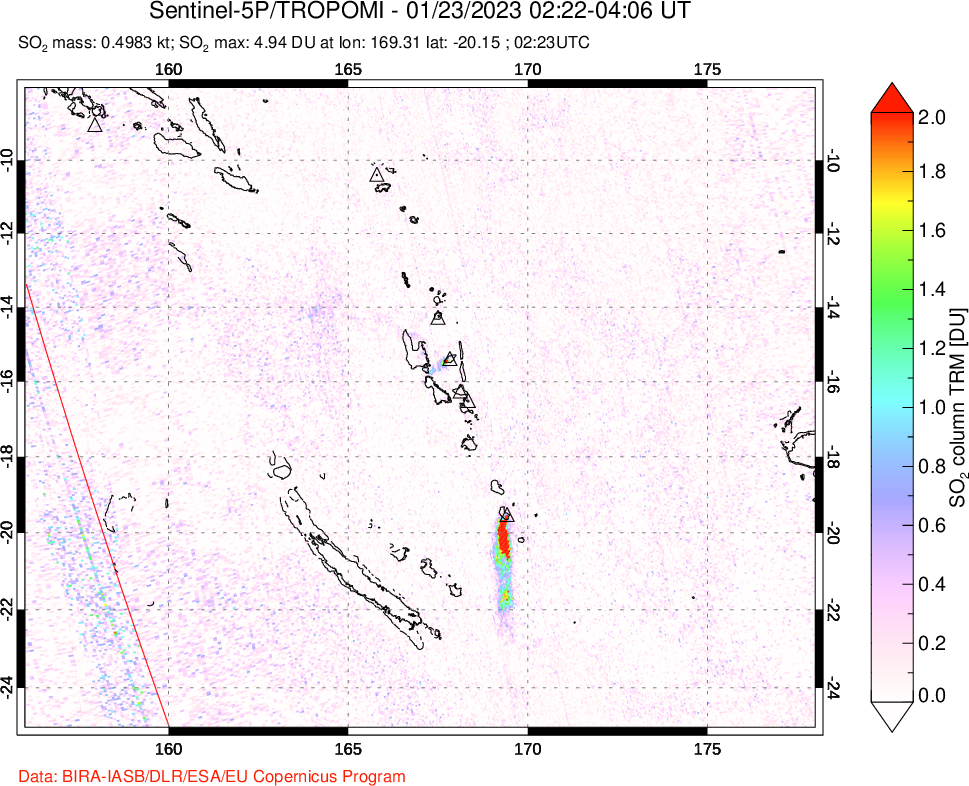 A sulfur dioxide image over Vanuatu, South Pacific on Jan 23, 2023.