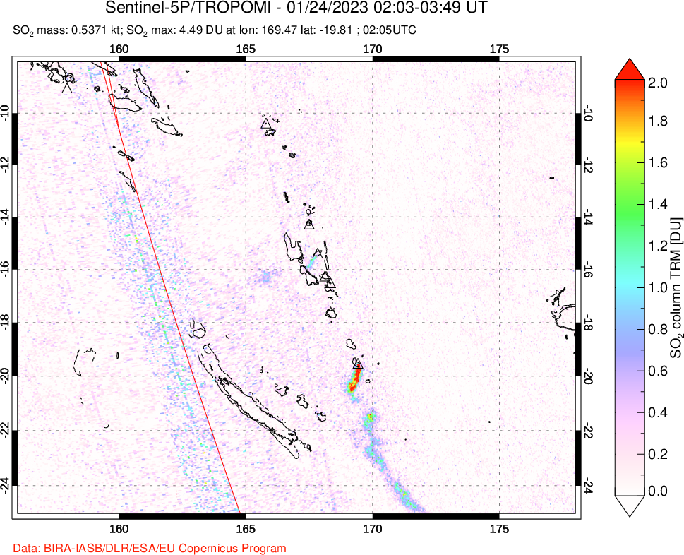 A sulfur dioxide image over Vanuatu, South Pacific on Jan 24, 2023.