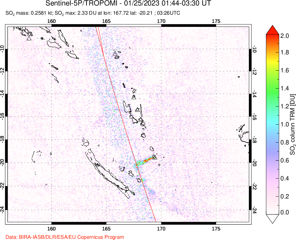 A sulfur dioxide image over Vanuatu, South Pacific on Jan 25, 2023.