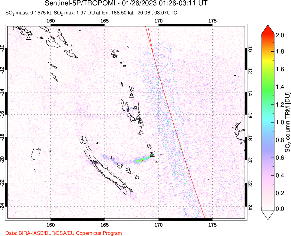 A sulfur dioxide image over Vanuatu, South Pacific on Jan 26, 2023.