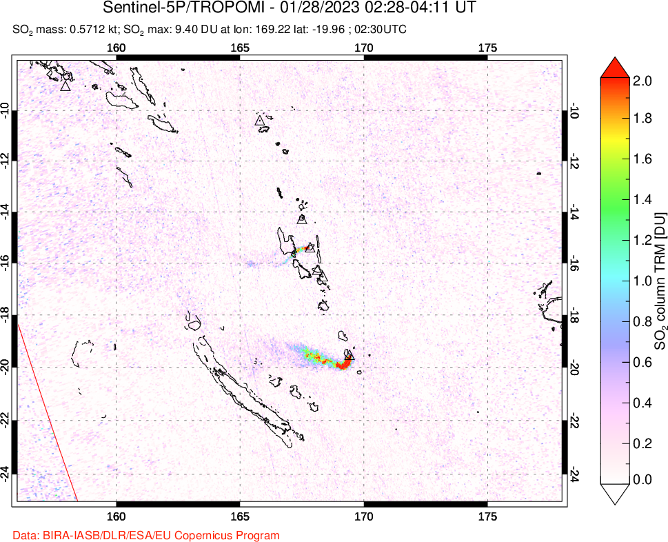 A sulfur dioxide image over Vanuatu, South Pacific on Jan 28, 2023.