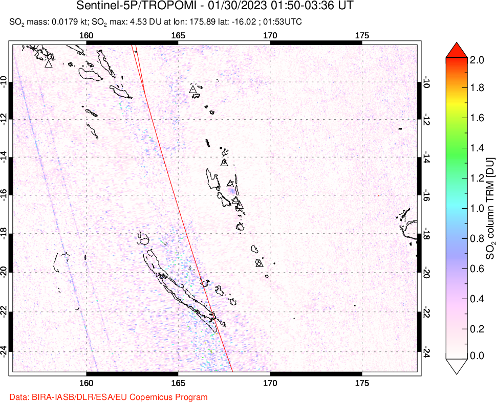 A sulfur dioxide image over Vanuatu, South Pacific on Jan 30, 2023.