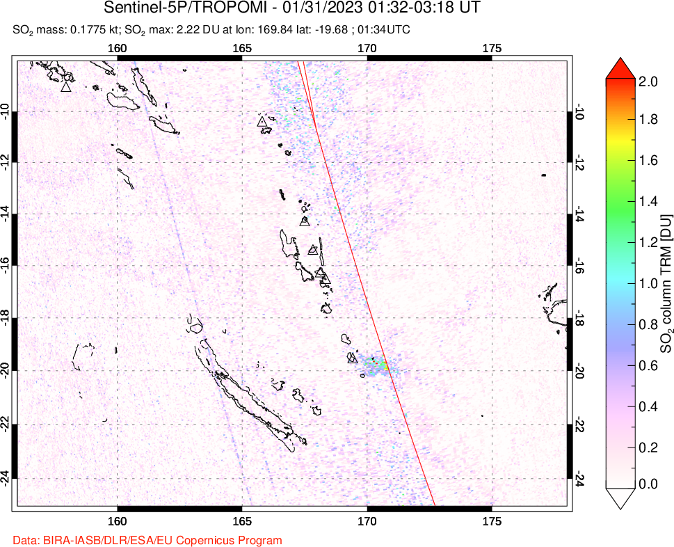 A sulfur dioxide image over Vanuatu, South Pacific on Jan 31, 2023.