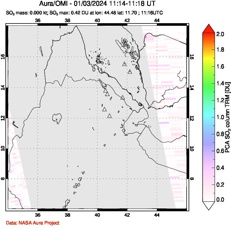 A sulfur dioxide image over Afar and southern Red Sea on Jan 03, 2024.