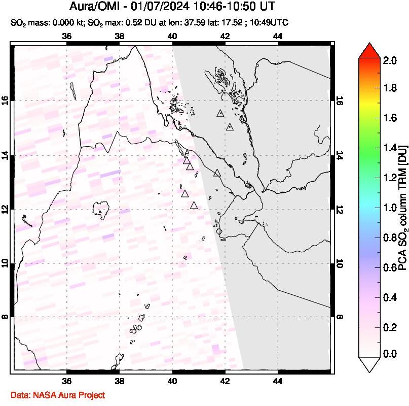 A sulfur dioxide image over Afar and southern Red Sea on Jan 07, 2024.