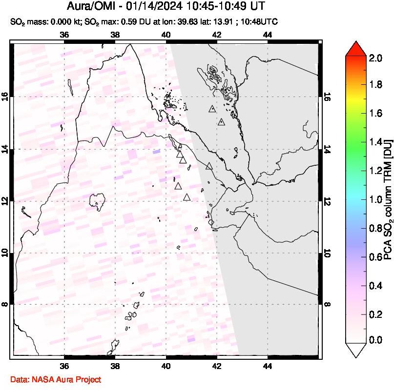 A sulfur dioxide image over Afar and southern Red Sea on Jan 14, 2024.