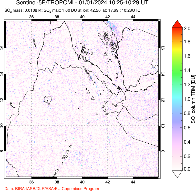 A sulfur dioxide image over Afar and southern Red Sea on Jan 01, 2024.